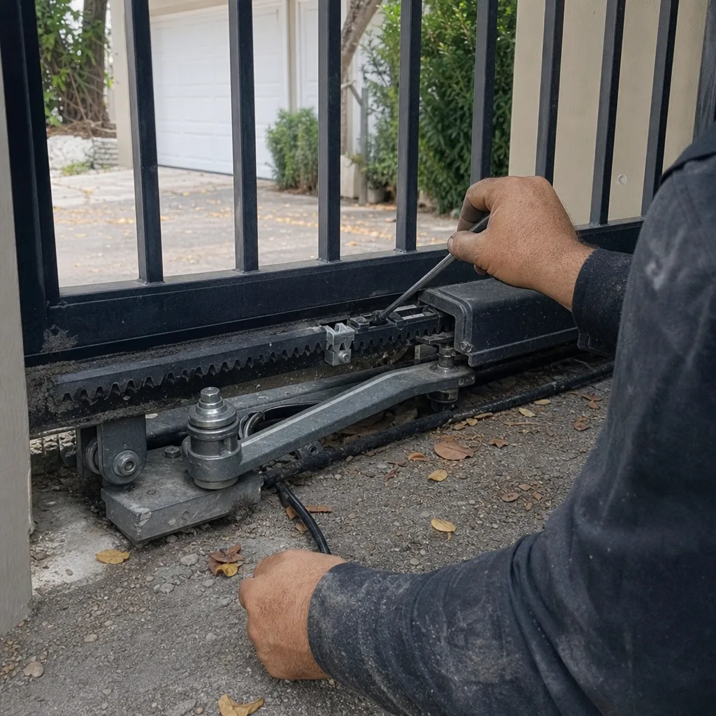Technician performing electric gate motor and sliding gate track repair