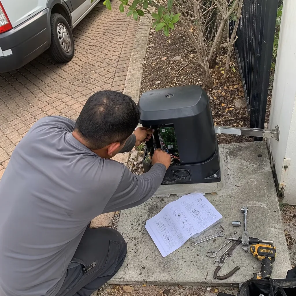 Technician performing electric gate motor repair and maintenance
