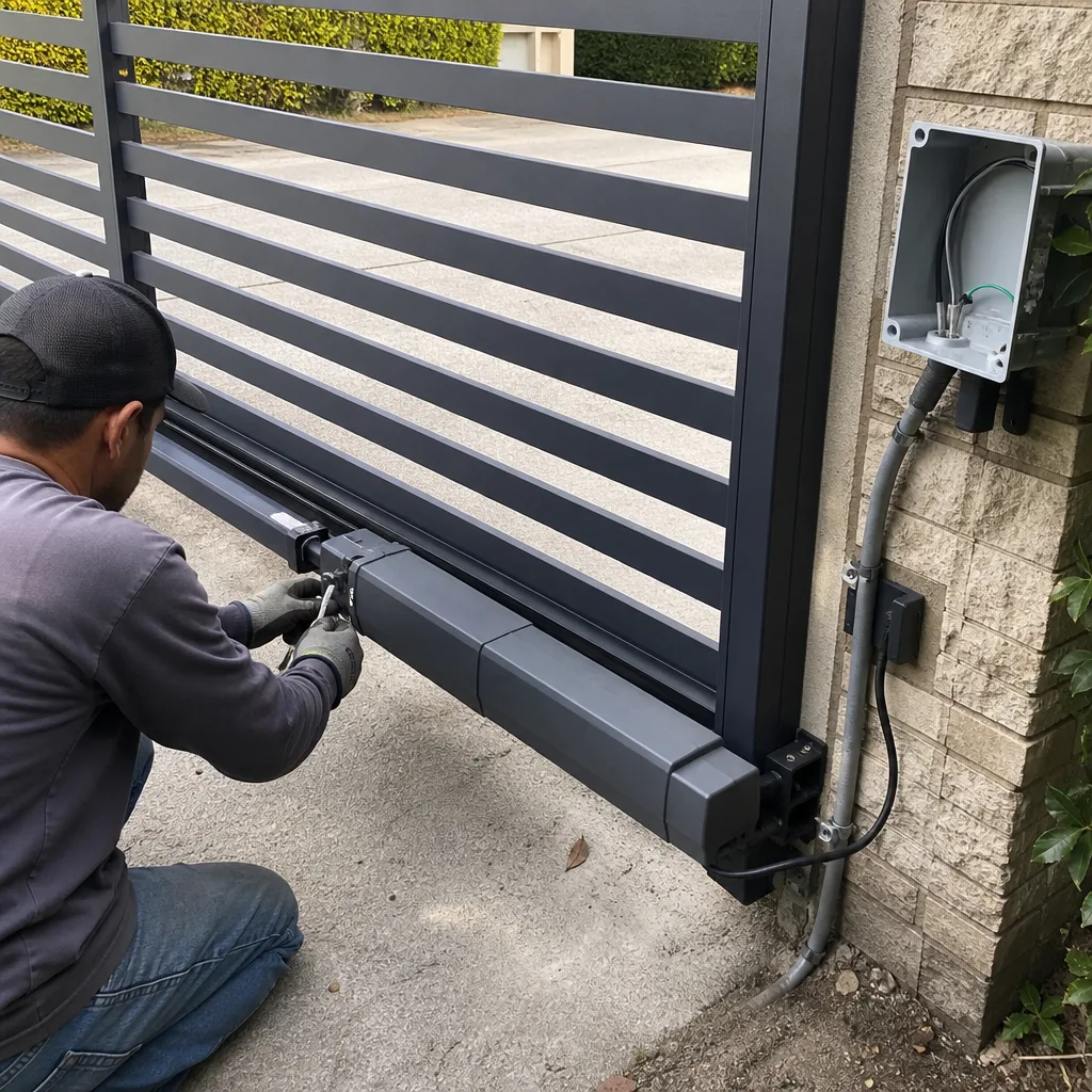 Technician performing professional electric gate repair and maintenance on a metal gate