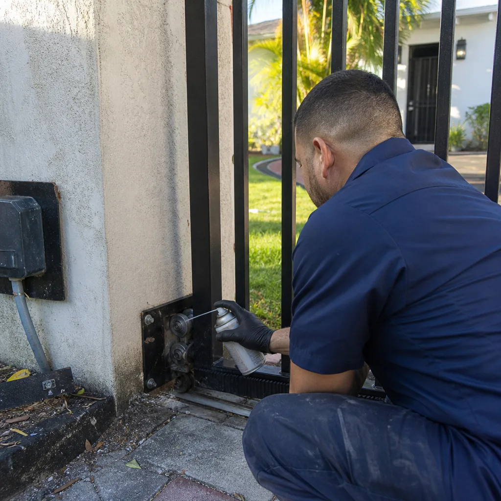 Technician performing professional sliding gate maintenance and motor repair