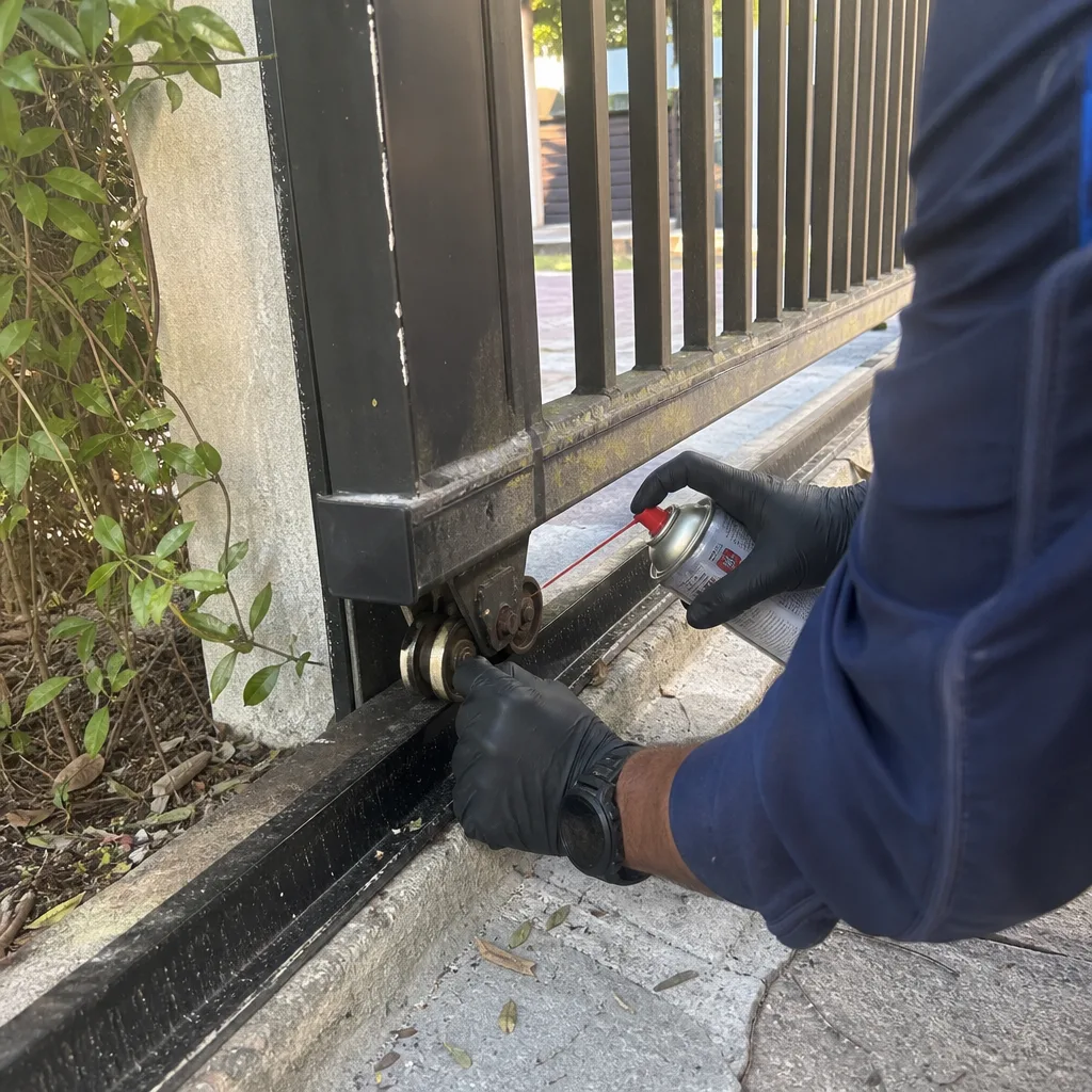 Technician performing professional gate motor repair and lubrication