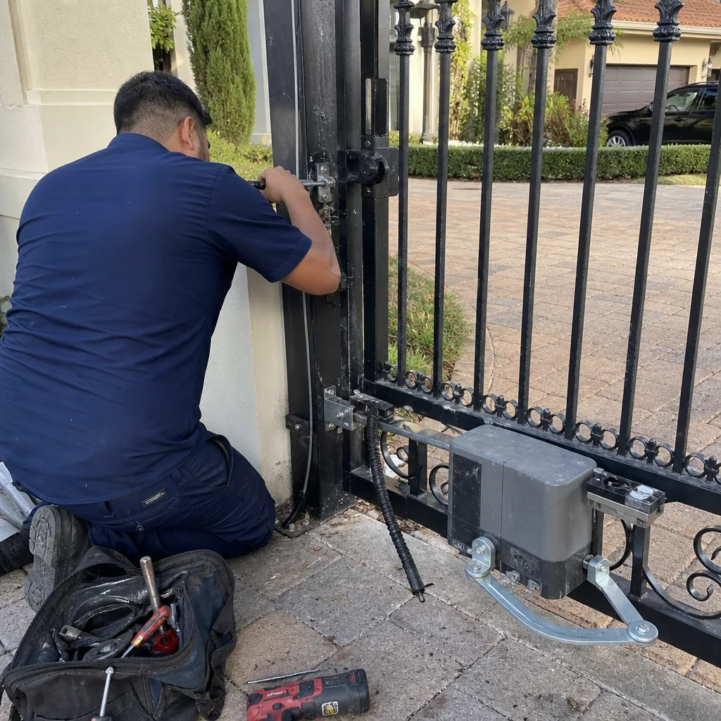 Technician performing professional gate motor repair on a metal entrance gate